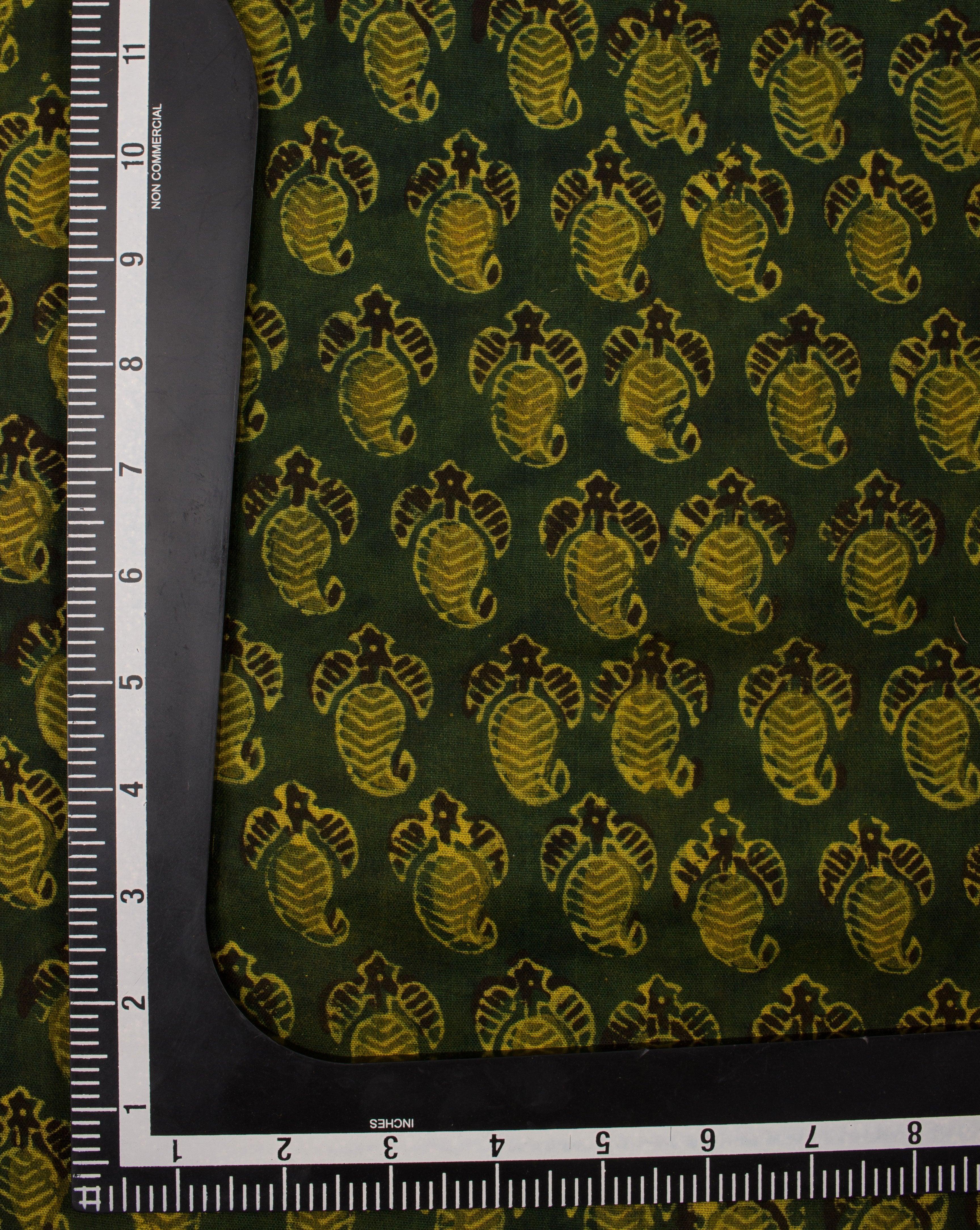 ( Pre-Cut 1.5 MTR ) Green Yellow Paisley Pattern Ajrak Hand Block Natural Dye Zari Border Bamboo Cotton Fabric - Fabriclore.com
