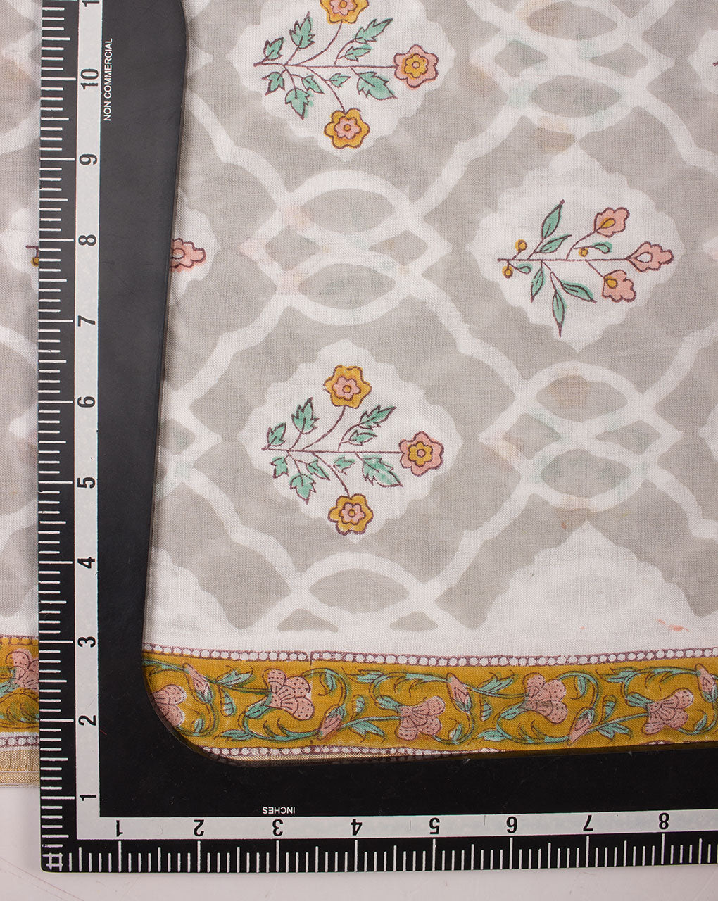 Grey Yellow Floral Hand Block Zari Border Bamboo Cotton Fabric - Fabriclore.com