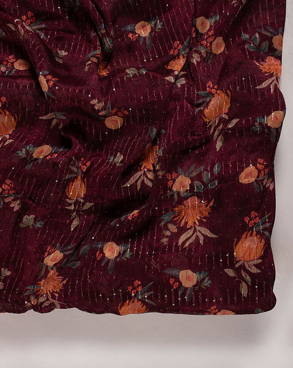 ( Pre Cut 95 CM ) Embroidered Sequins Work Digital Print Chinnon Chiffon Fabric
