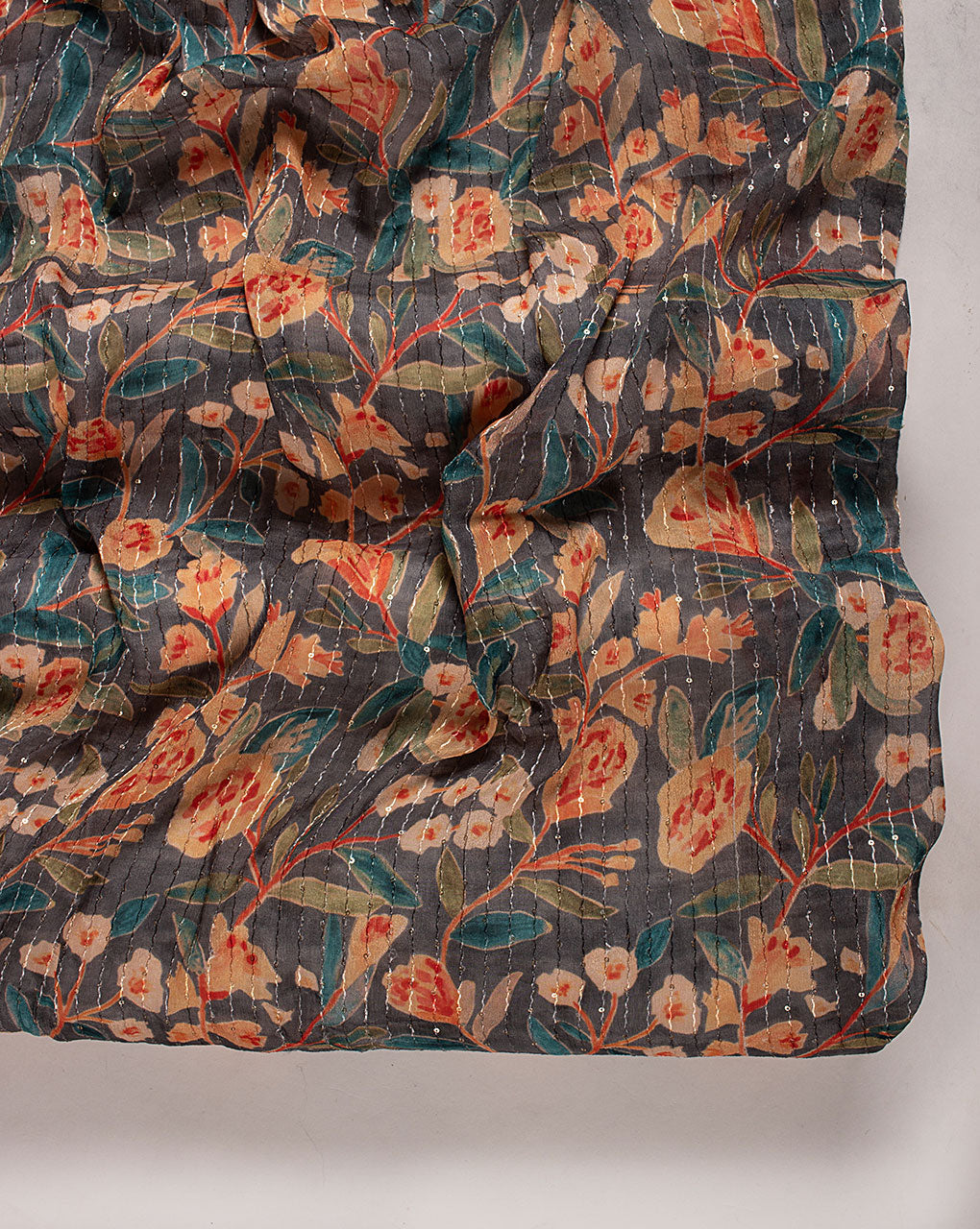 ( Pre Cut 50 CM ) Embroidered Sequins Work Digital Print Chinnon Chiffon Fabric