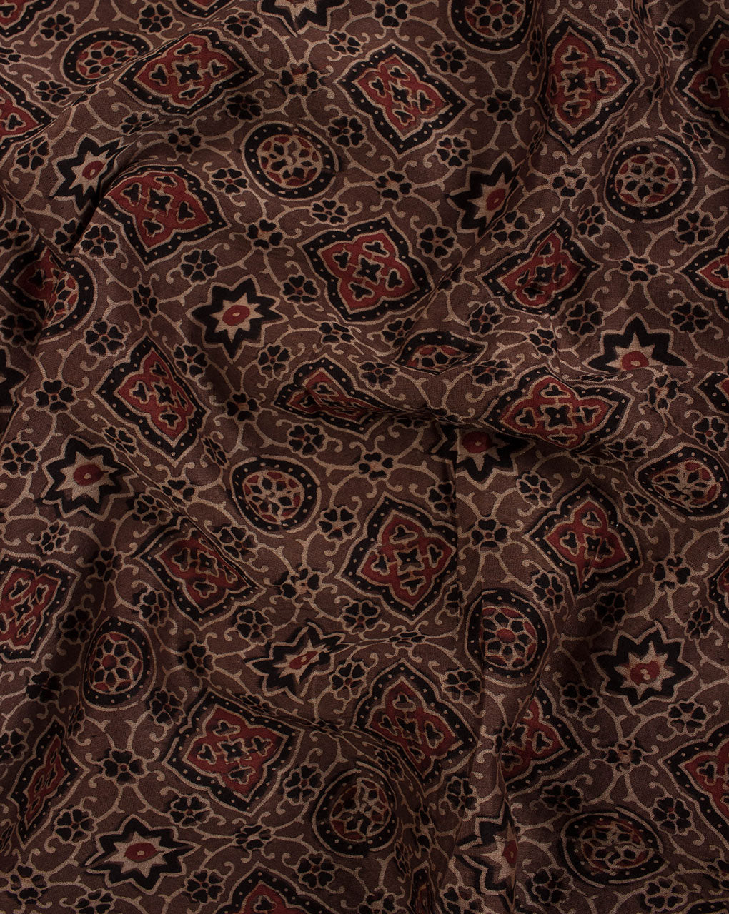 Brown Black Geometric Pattern Jhag Ajrak Hand Block Mercerized Chanderi Fabric - Fabriclore.com