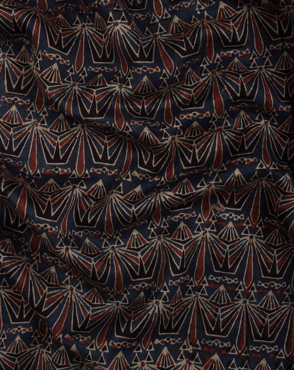 ( Pre-Cut 1.5 MTR ) Blue Red Geometric Pattern Jhag Ajrak Hand Block Mercerized Chanderi Fabric - Fabriclore.com