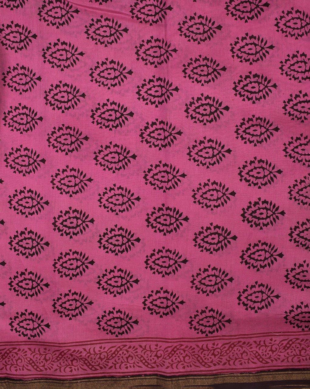 ( Pre-Cut 1.75 MTR ) Booti Bagh Print Hand Block Zari Border Mercerized Chanderi Fabric - Fabriclore.com