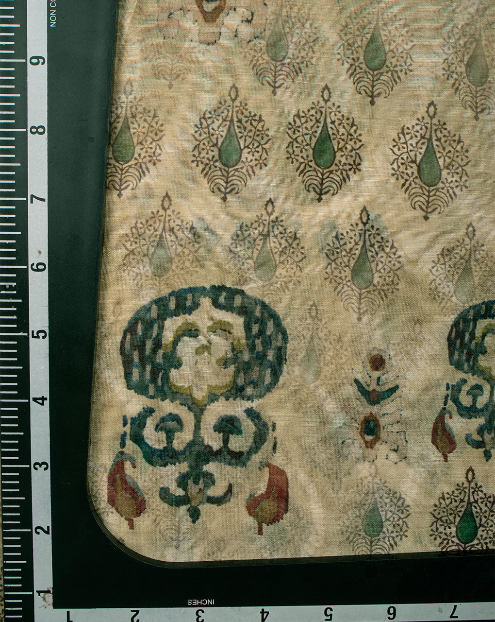 Green Teal Traditional Pattern Digital Print Chanderi Fabric - Fabriclore.com