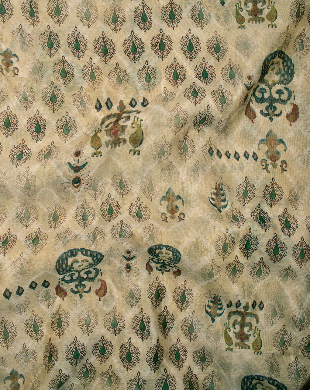 Green Teal Traditional Pattern Digital Print Chanderi Fabric - Fabriclore.com