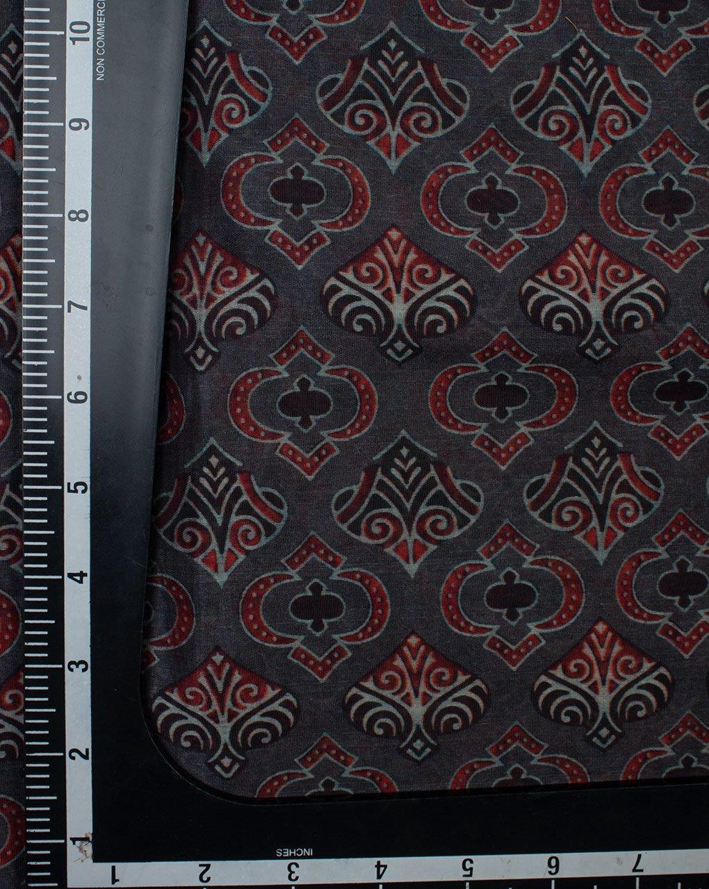 ( Pre-Cut 1.25 MTR ) Grey Red Floral Pattern Digital Print Viscose Chanderi Fabric - Fabriclore.com