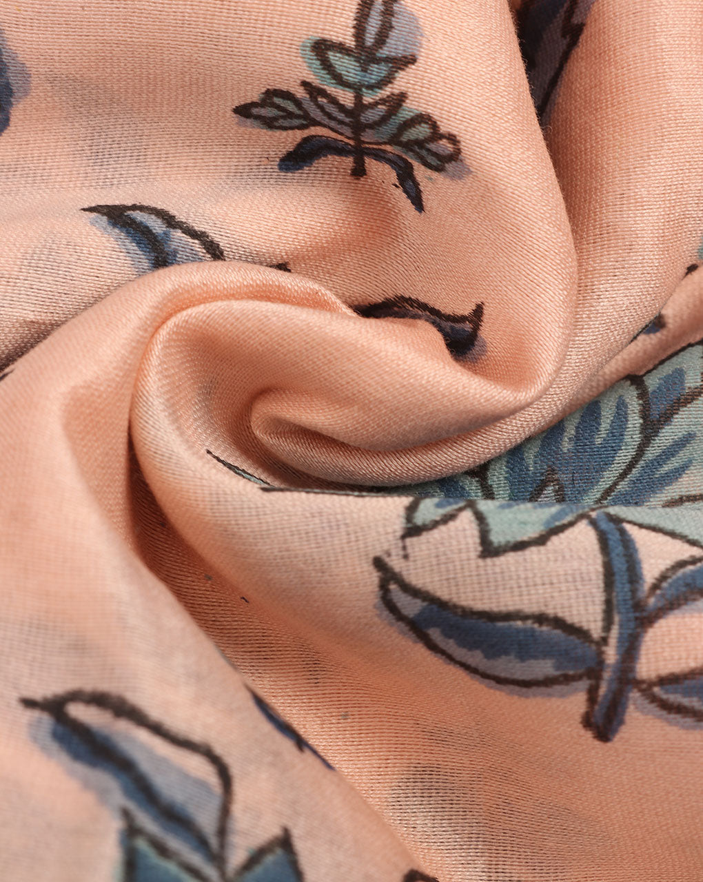 Peach Blue Floral Hand Block Chanderi Fabric - Fabriclore.com