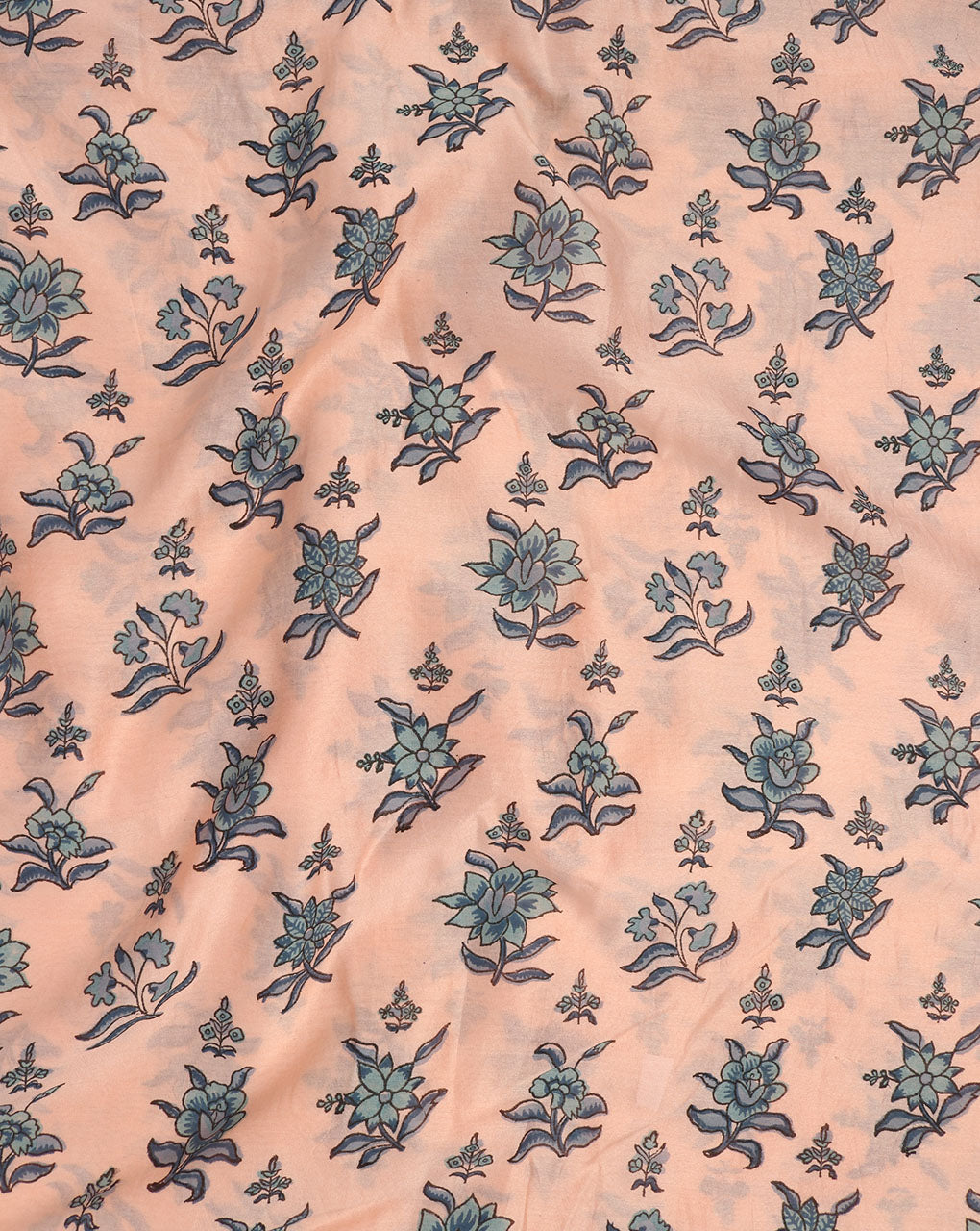 Peach Blue Floral Hand Block Chanderi Fabric - Fabriclore.com