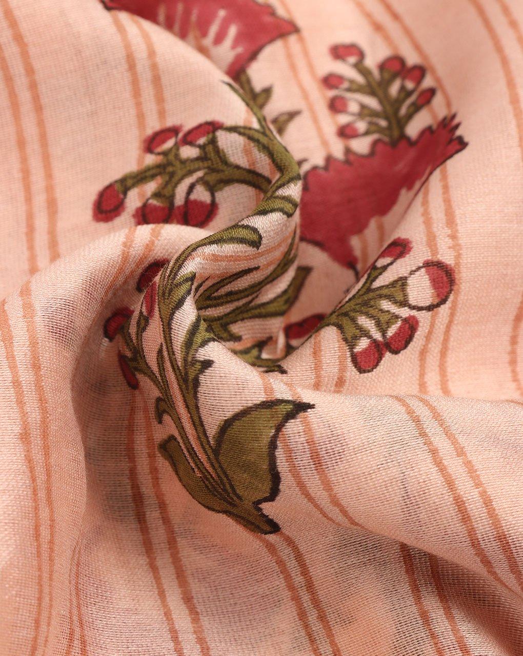 ( Pre-Cut 1.75 MTR ) Salmon Green Floral Hand Block Chanderi Fabric - Fabriclore.com