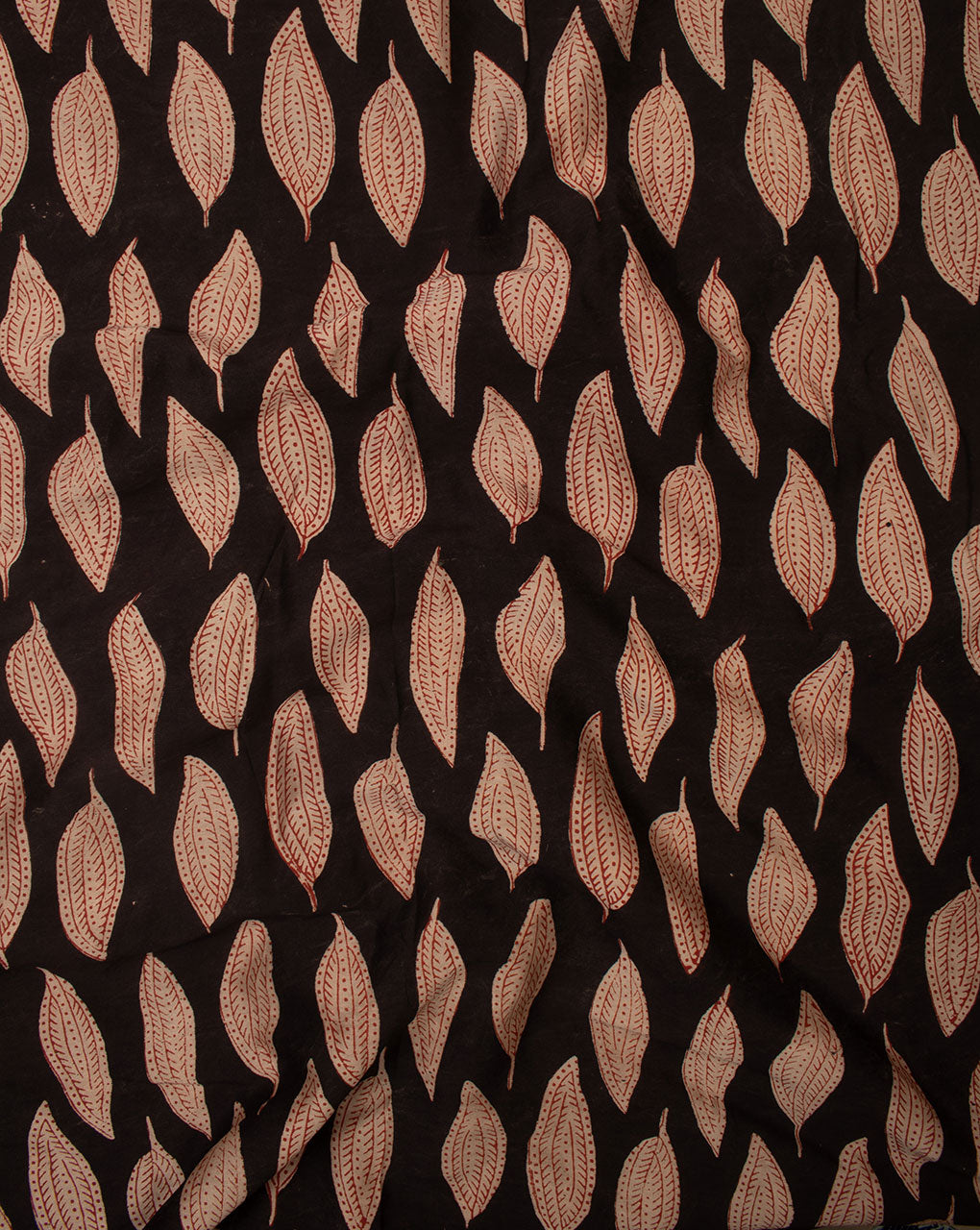 Black Beige Leaf Hand Block Dabu Print Chanderi Fabric - Fabriclore.com
