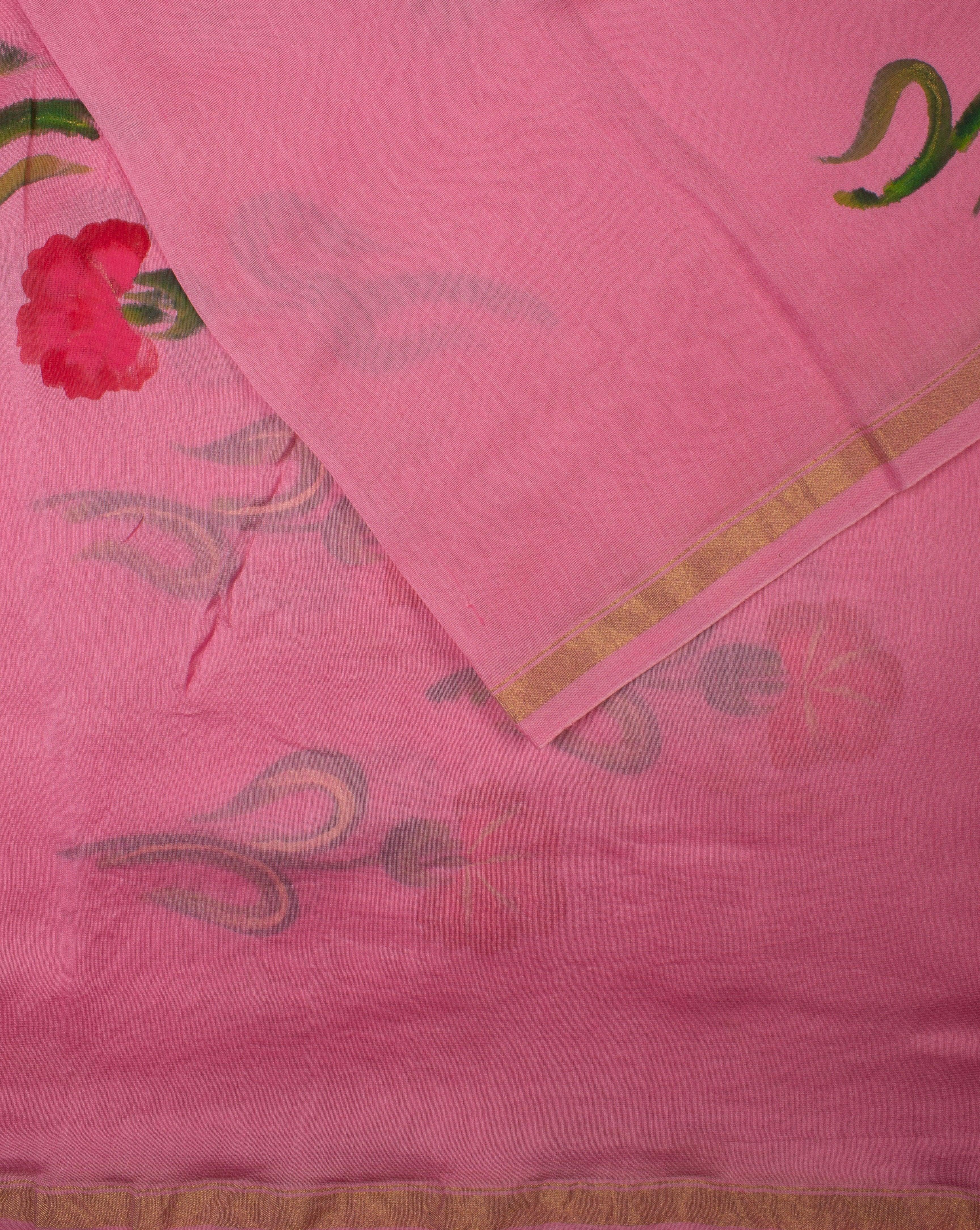 ( Pre-Cut 1.5 MTR ) Pink Salmon Floral Pattern Hand Painted Chanderi Fabric - Fabriclore.com