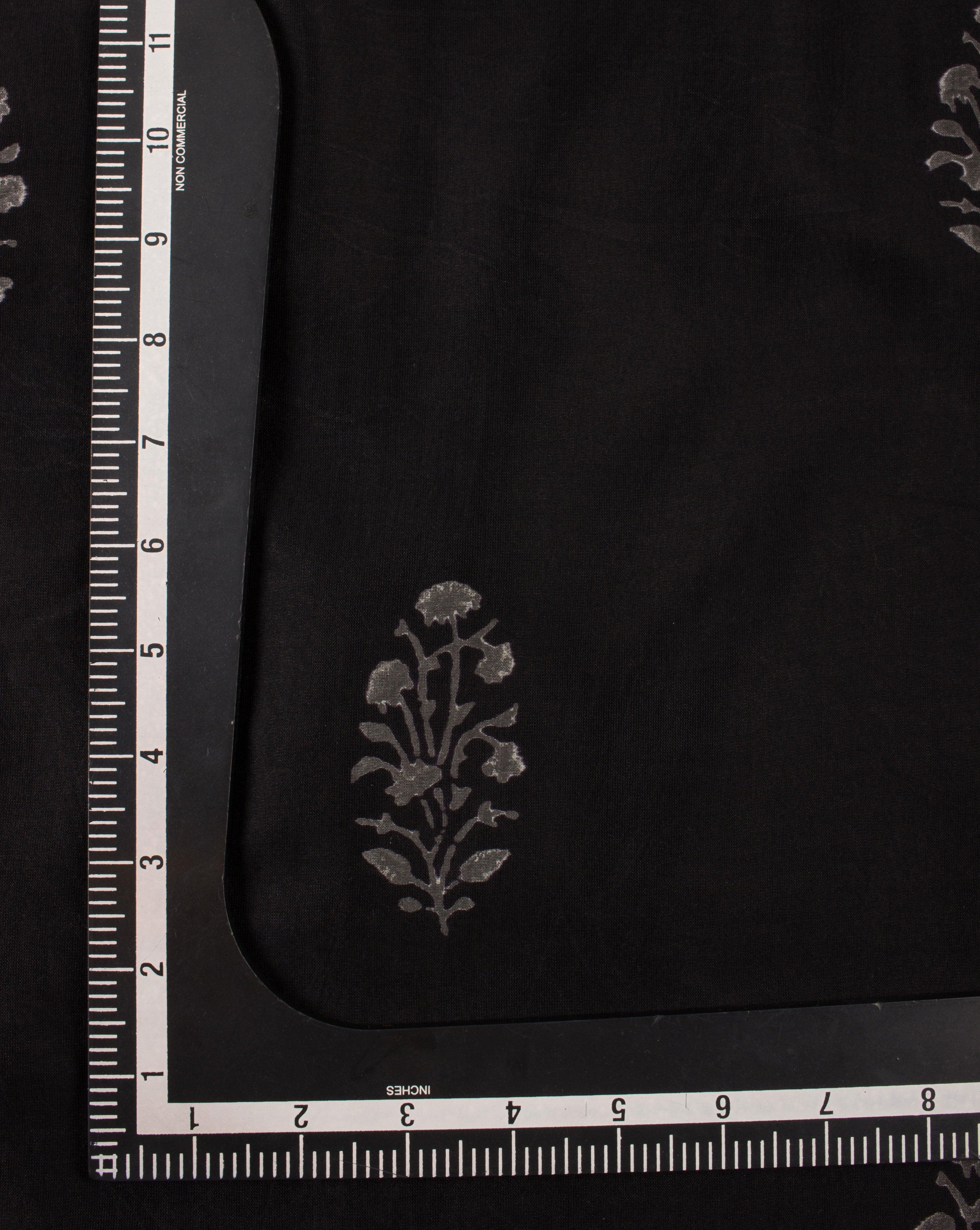 ( Pre-Cut 1.5 MTR ) Floral Pattern Monochrome Hand Block Mercerized Chanderi Fabric - Fabriclore.com