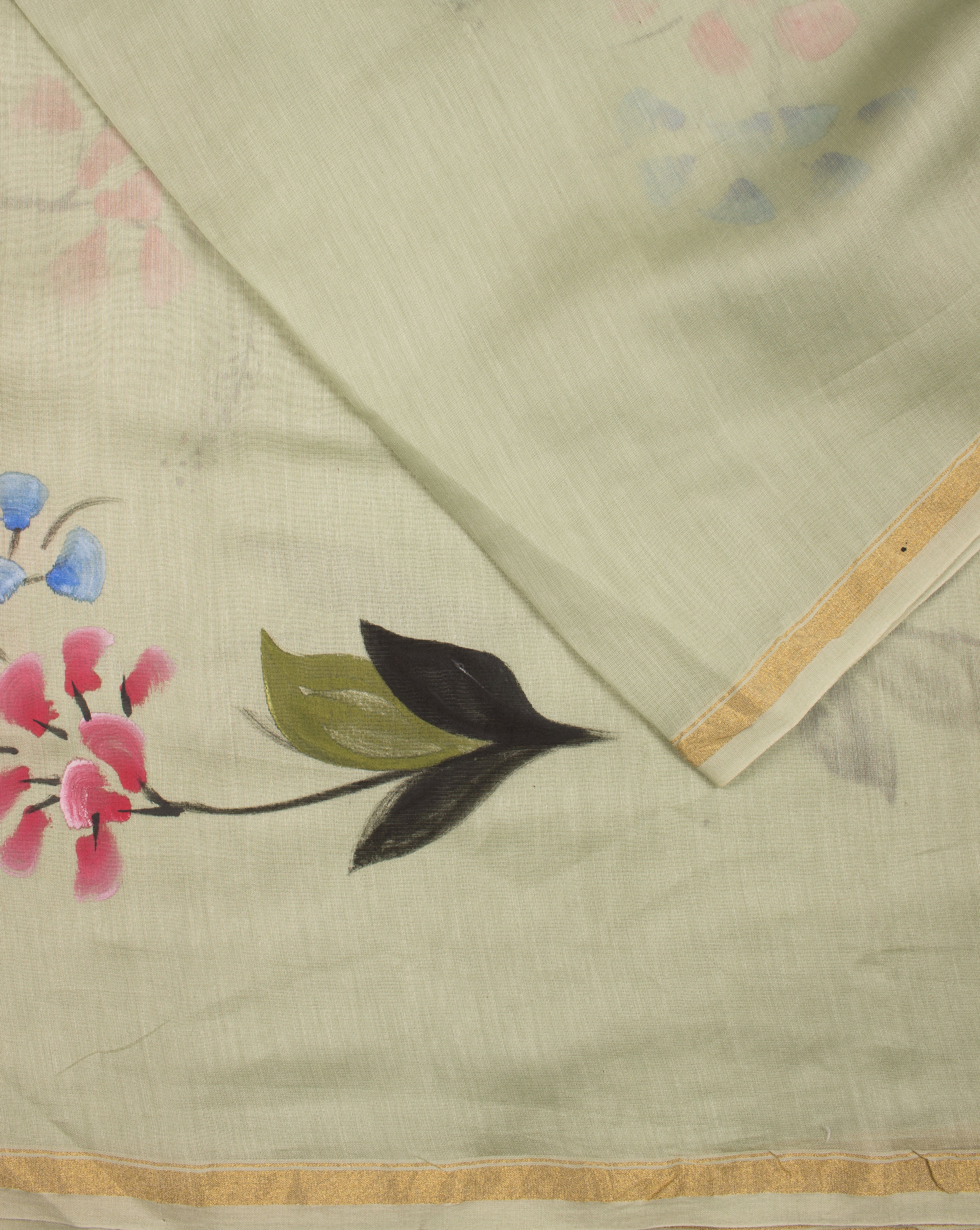 Floral Hand Painted Mercerized Chanderi Fabric - Fabriclore.com