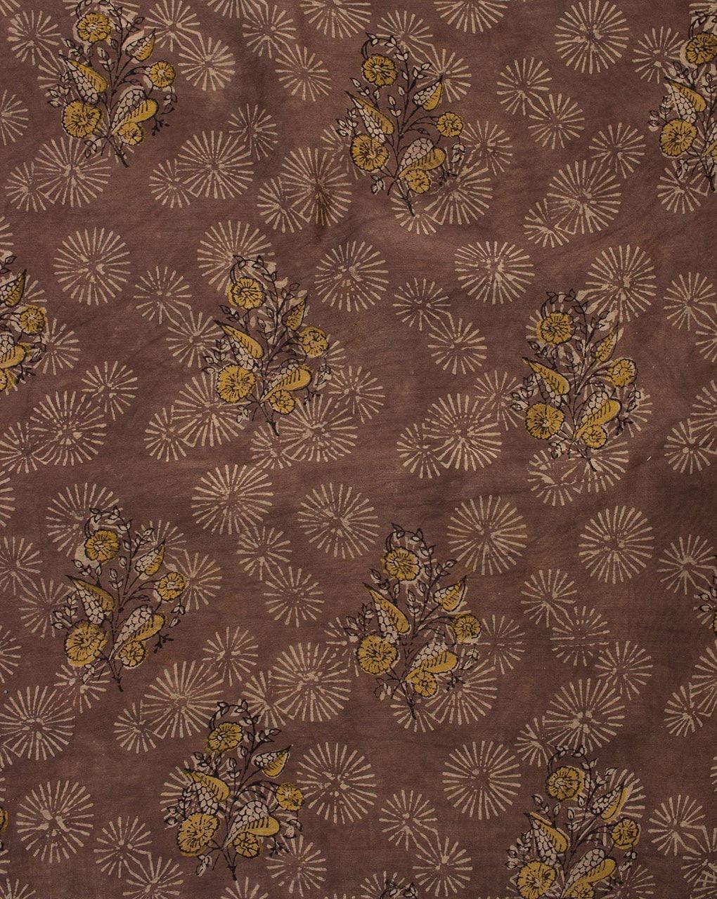 ( Pre-Cut 1.25 MTR ) Floral Pattern Jhag Print Hand Block Natural Dye Mercerized Chanderi Fabric - Fabriclore.com