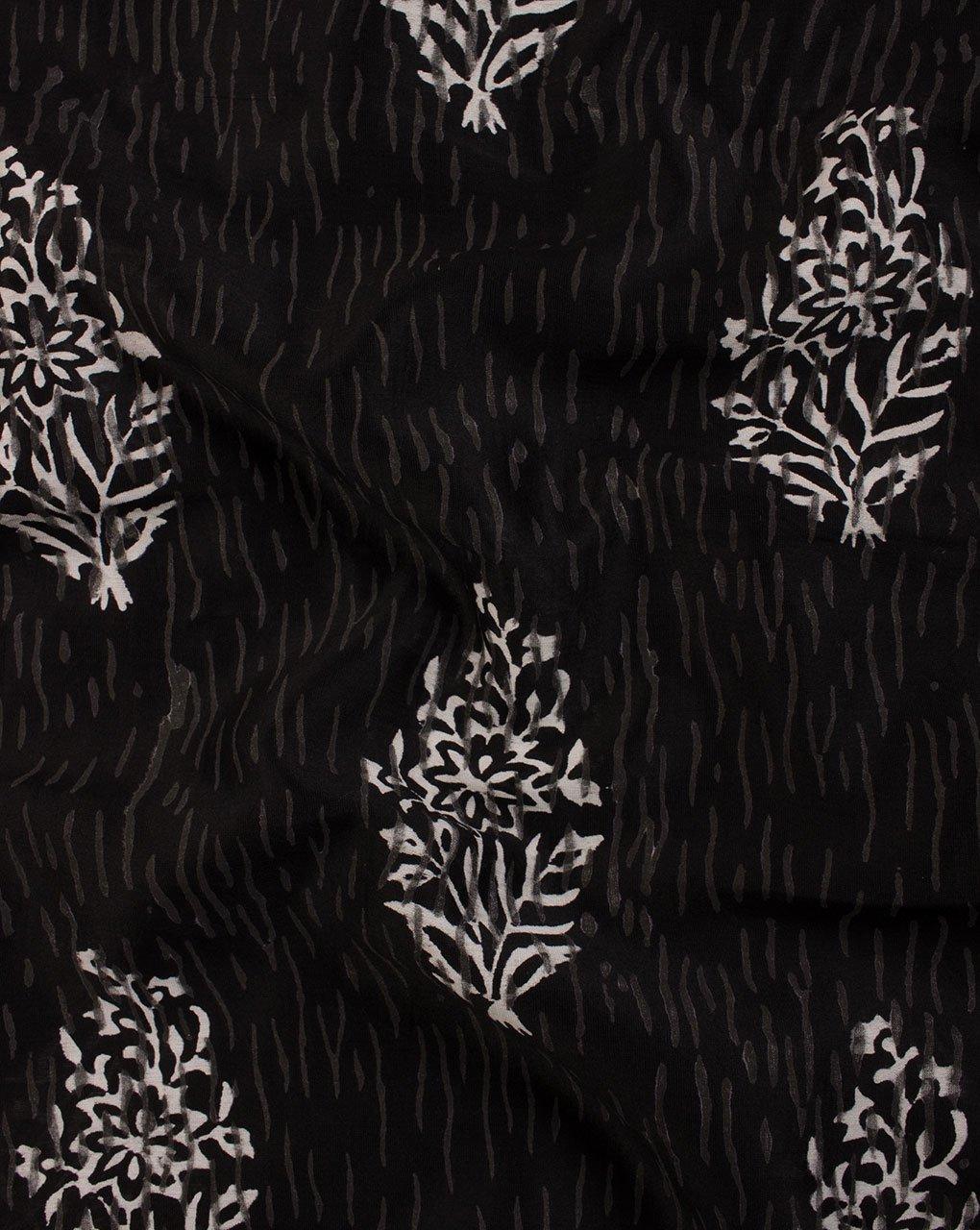 ( Pre-Cut 1 MTR ) Floral Pattern Monochrome Hand Block Mercerized Chanderi Fabric - Fabriclore.com