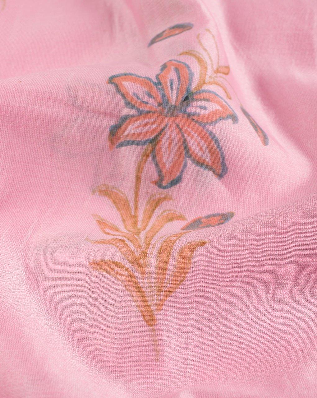 ( Pre-Cut 2 MTR ) Floral Pattern Hand Block Mercerized Chanderi Fabric - Fabriclore.com