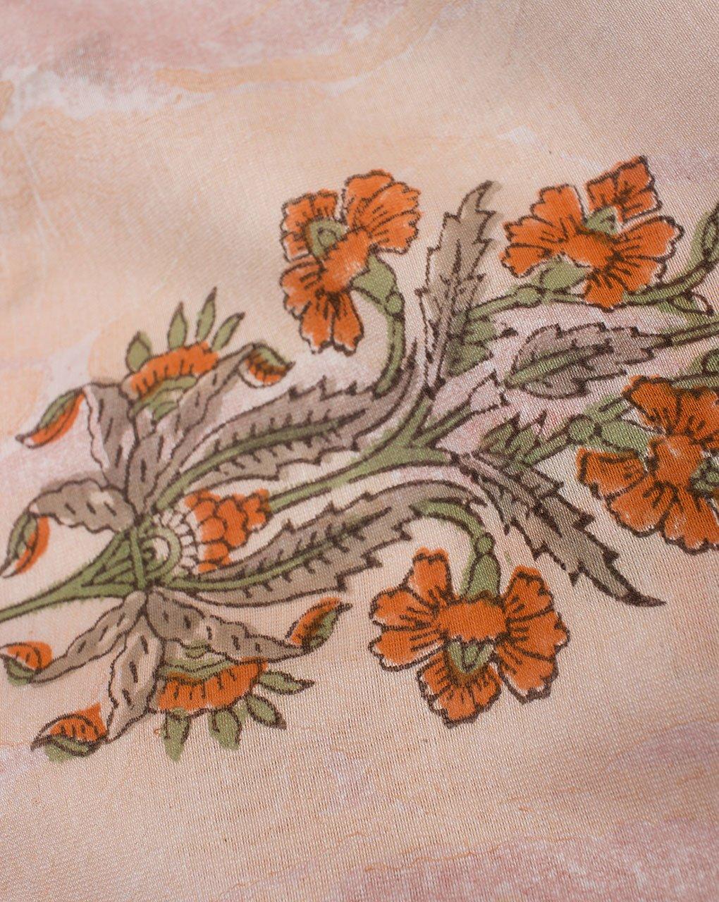( Pre-Cut 50 CM ) Floral Pattern Marble Print Hand Block Mercerized Chanderi Fabric - Fabriclore.com