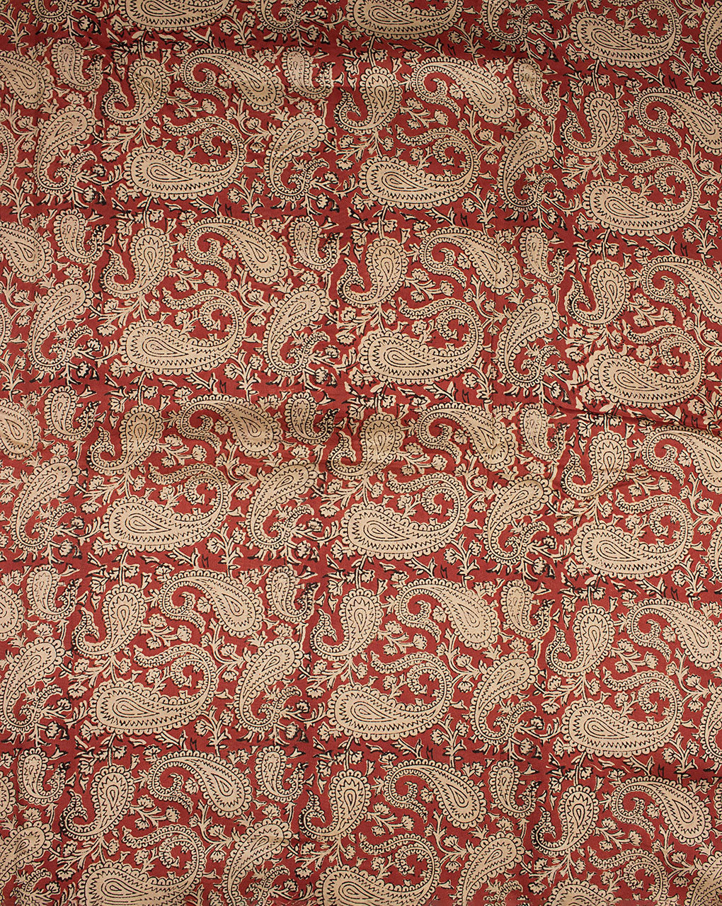 Red Beige Paisley Dabu Hand Block Mercerized Chanderi Fabric - Fabriclore.com