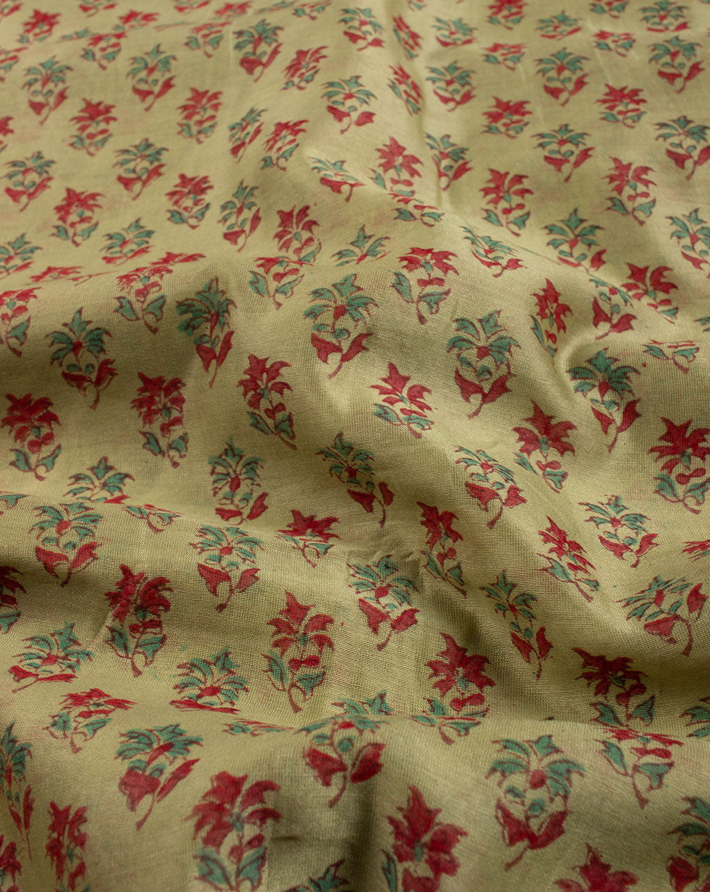 Green Red Booti Pattern Hand Block Mercerized Chanderi Fabric - Fabriclore.com