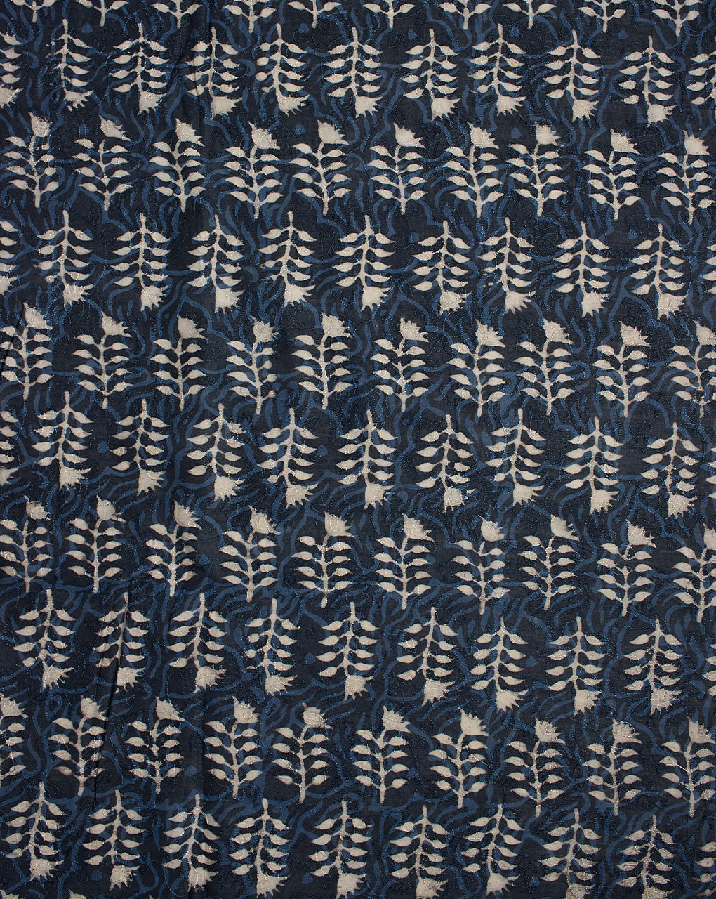 Indigo Hand Block Embroidered Mercerized Chanderi Fabric