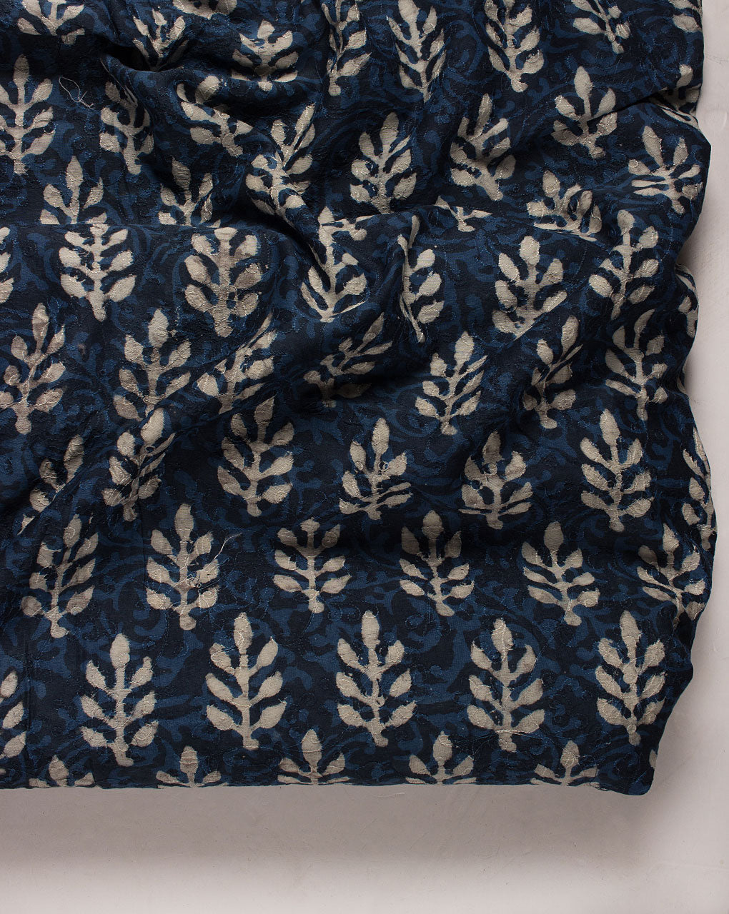 ( Pre Cut 1.25 MTR ) Indigo Hand Block Embroidered Mercerized Chanderi Fabric
