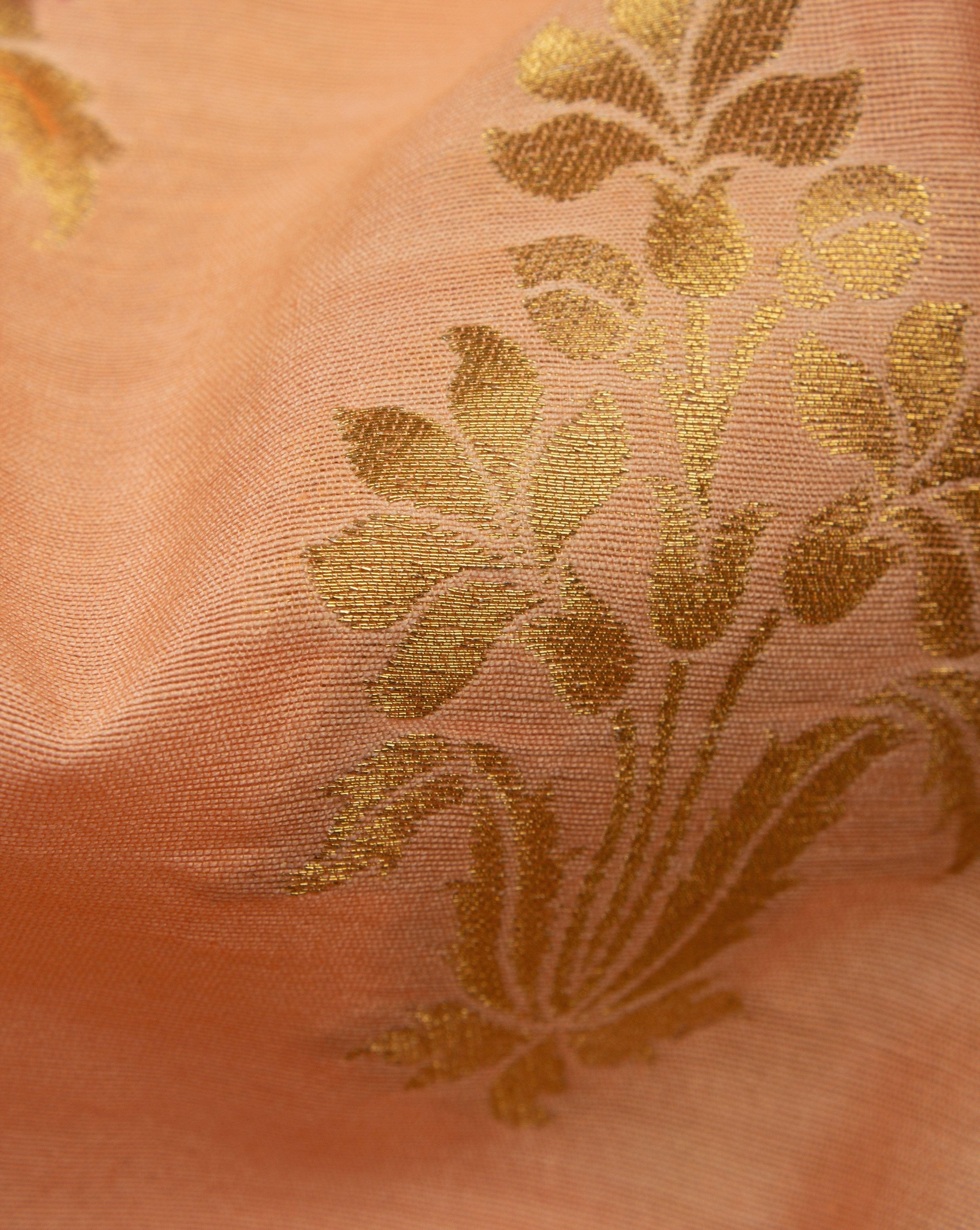 ( Pre-Cut 80 CM ) Light Orange Gold Booti Pattern Zari Jacquard Chanderi Fabric - Fabriclore.com