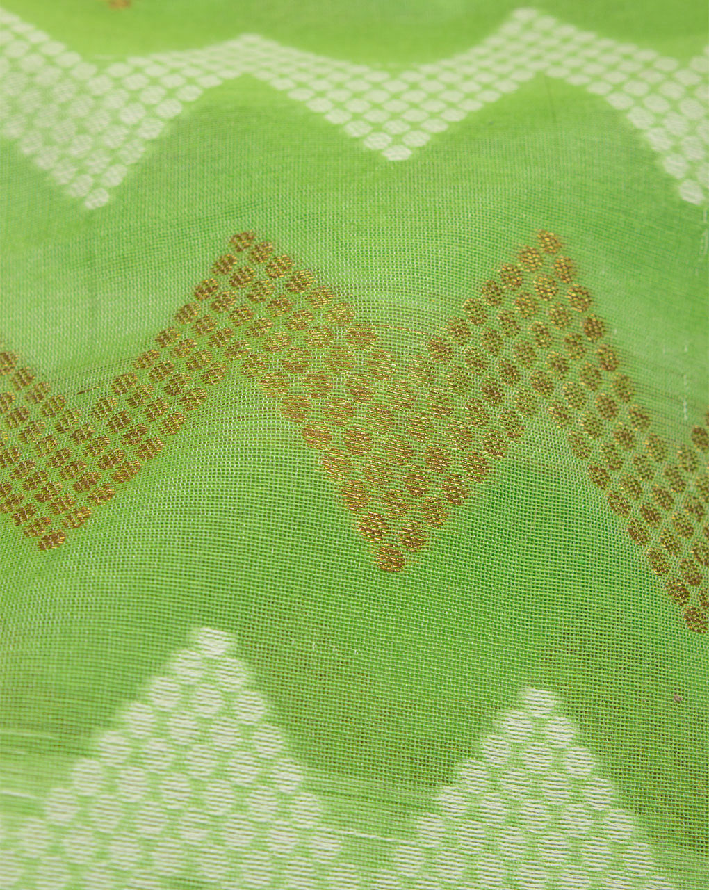 Green White Chevron Pattern Banarasi Zari Jacquard Chanderi Fabric - Fabriclore.com
