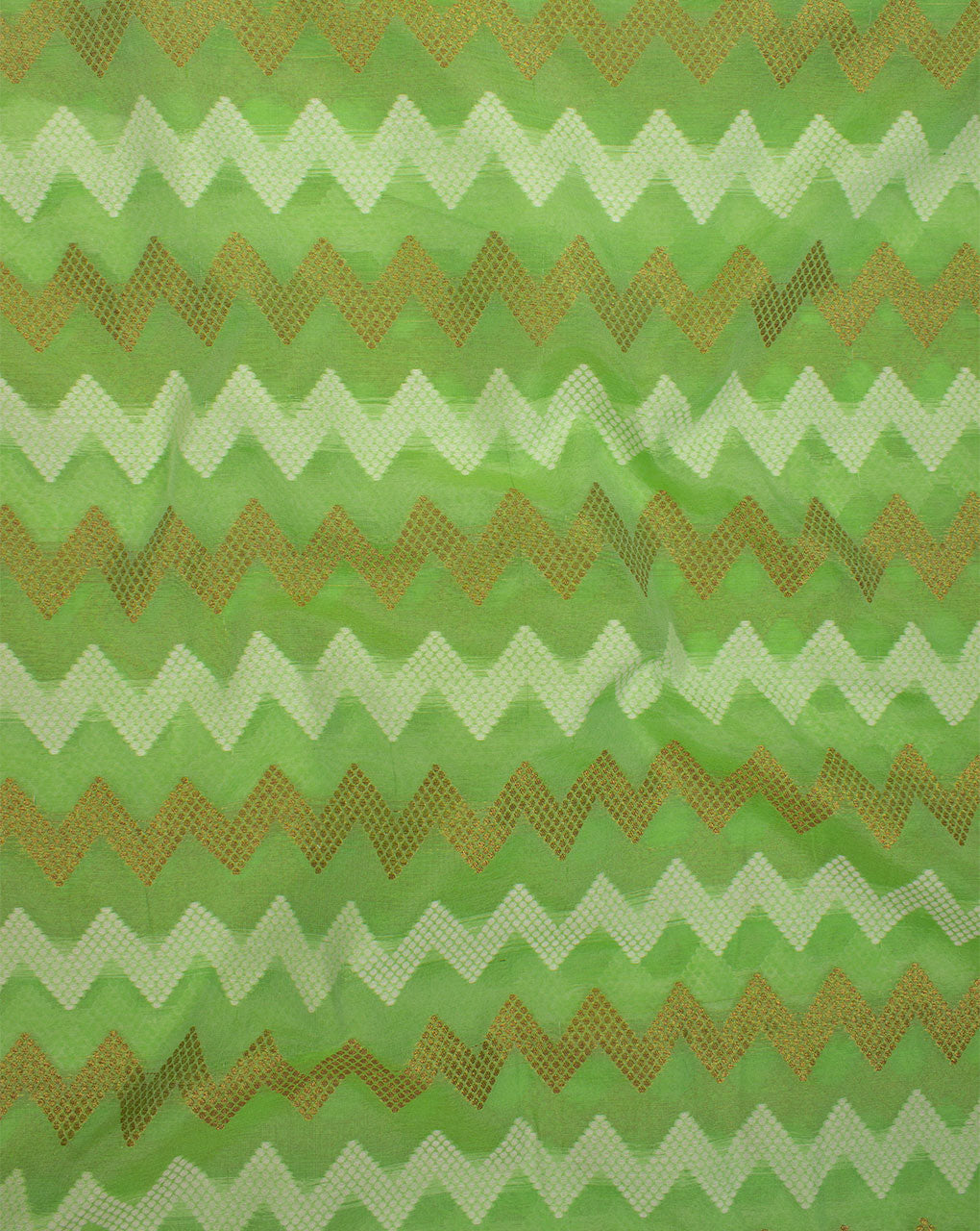 Green White Chevron Pattern Banarasi Zari Jacquard Chanderi Fabric - Fabriclore.com