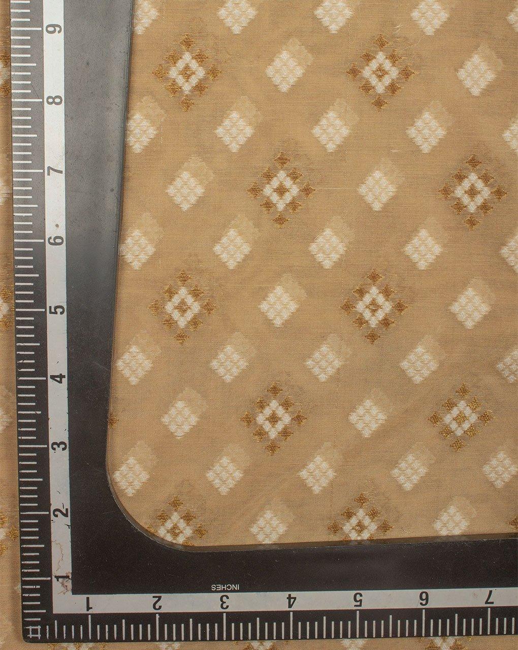 ( Pre-Cut 75 CM ) Beige Off-White Geometric Pattern Banarasi Zari Jacquard Chanderi Fabric - Fabriclore.com