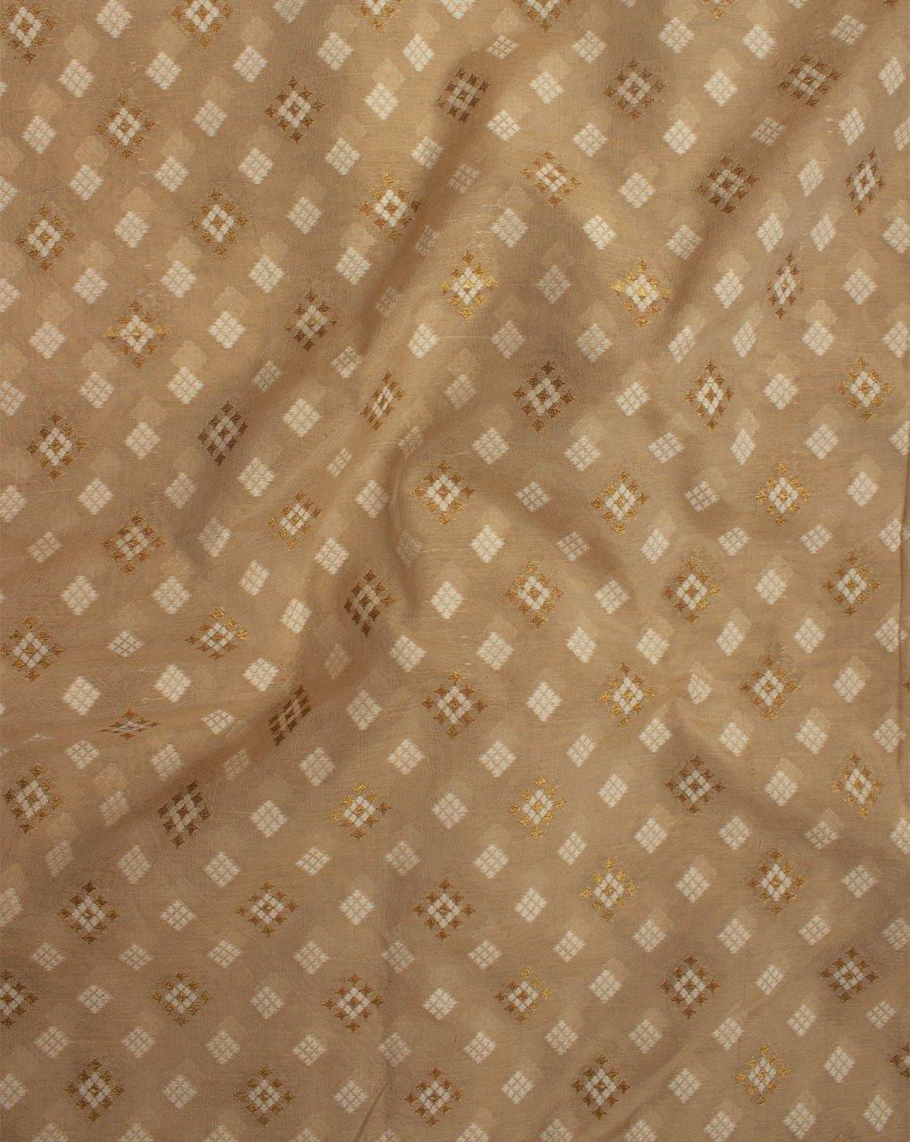 ( Pre-Cut 75 CM ) Beige Off-White Geometric Pattern Banarasi Zari Jacquard Chanderi Fabric - Fabriclore.com