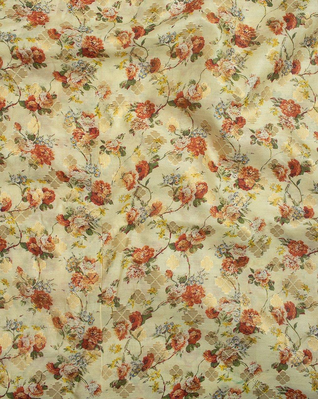 ( Pre-Cut 2 MTR ) Light Yellow Red Floral Pattern Digital Print Zari Jacqurad Chanderi Fabric - Fabriclore.com