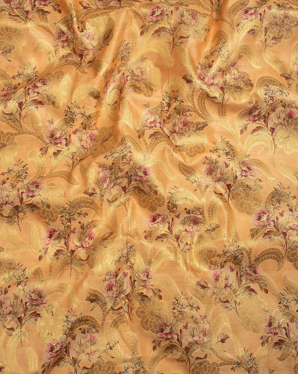 Orange Gold Digital Print Zari Jacqurad Chanderi Fabric - Fabriclore.com