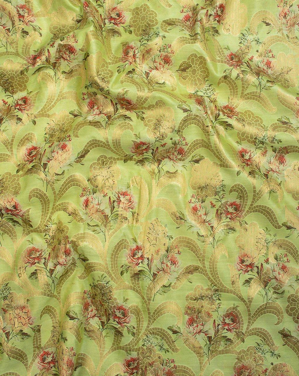 ( Pre-Cut 2 MTR ) Green Floral Pattern Digital Print Zari Jacqurad Chanderi Fabric - Fabriclore.com
