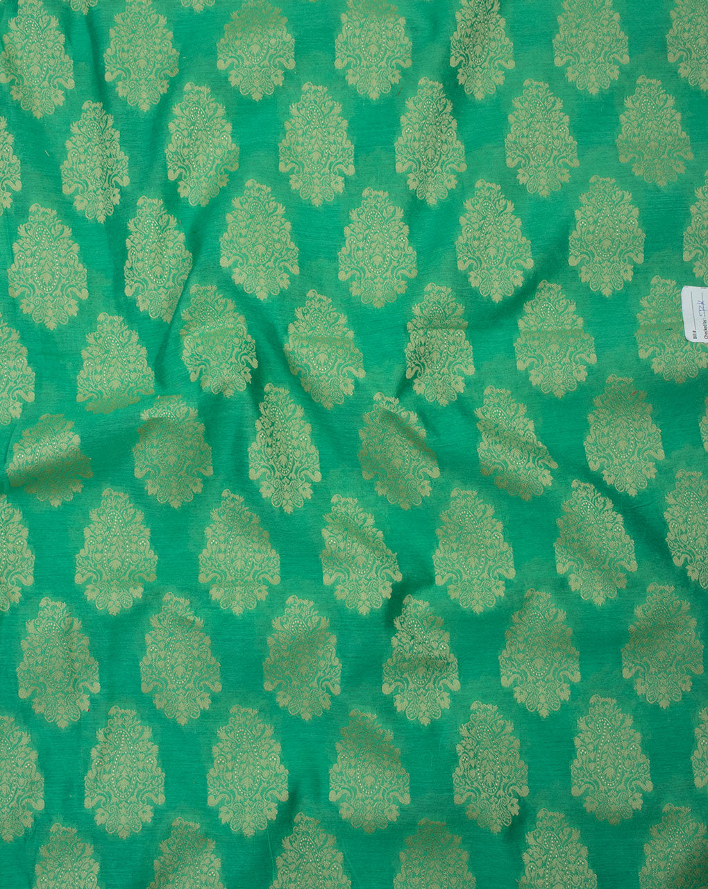 Sea Green Off-White Boota Jacqurad Chanderi Fabric - Fabriclore.com