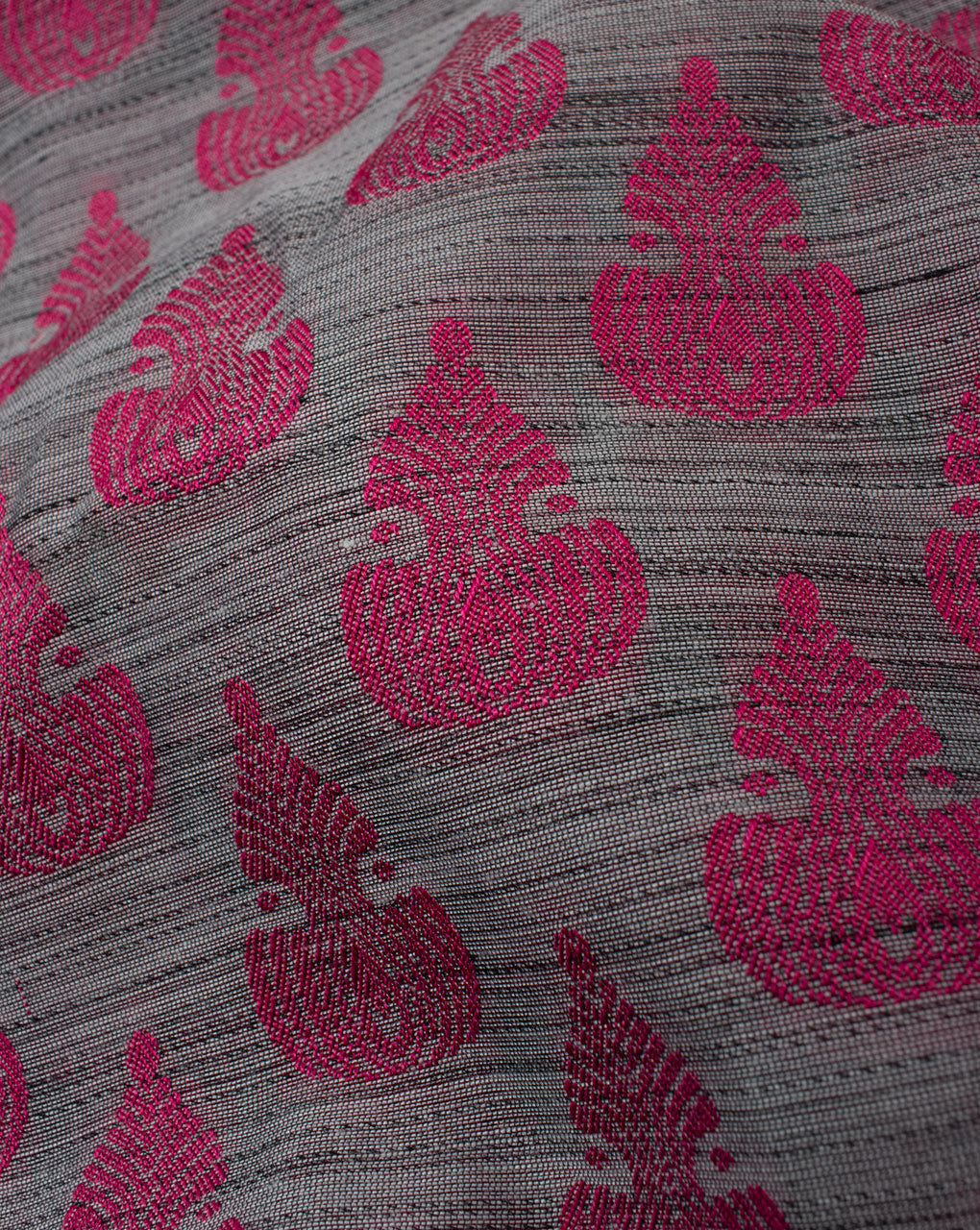 Grey Fuchsia Booti Pattern Jacqurad Chanderi Fabric - Fabriclore.com