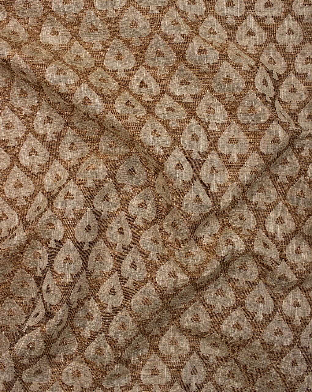 Brown Off-White Leaf Pattern Jacqurad Chanderi Fabric - Fabriclore.com