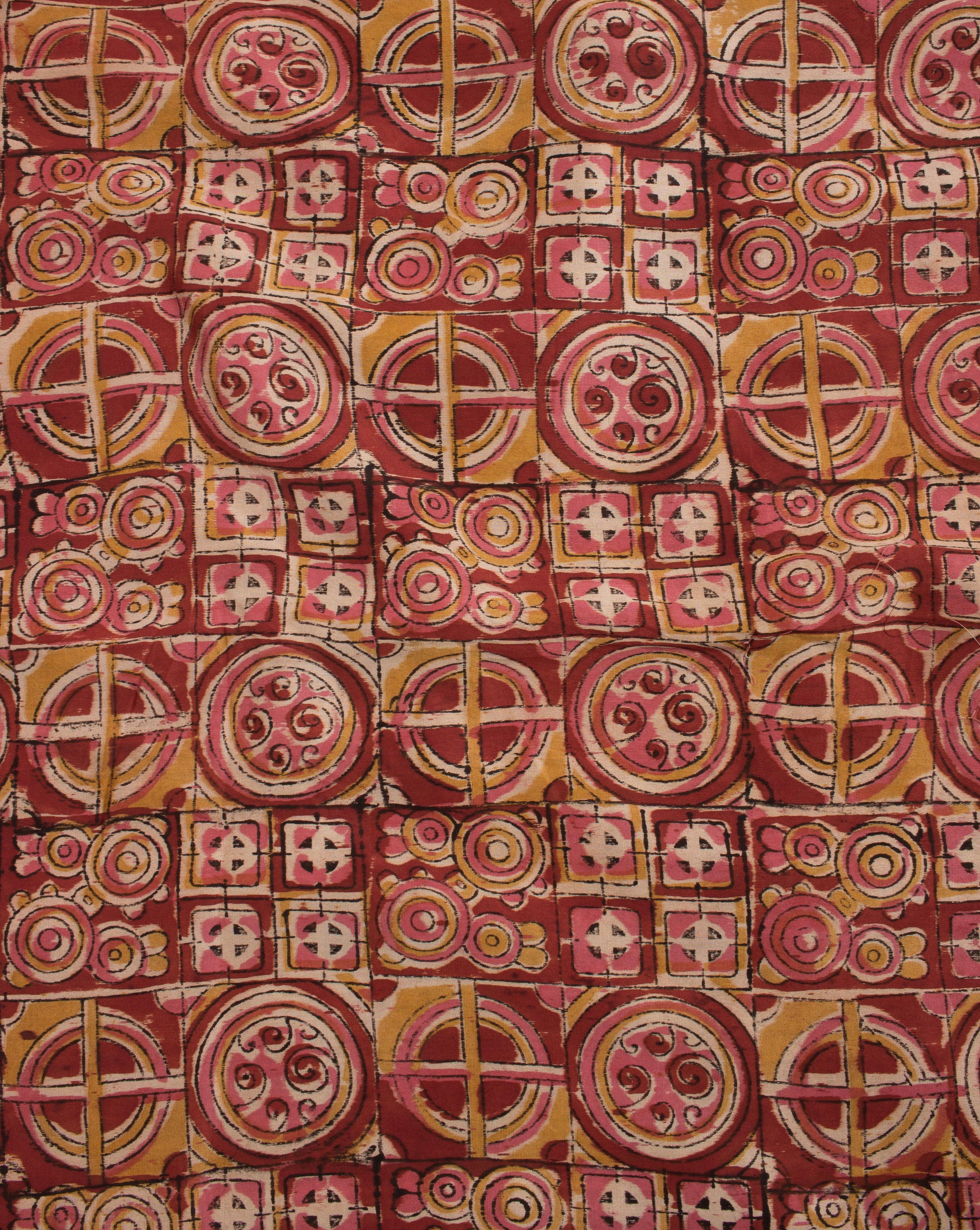 ( Pre-Cut 1.25 MTR ) Red Yellow Floral Kalamkari Hand Block Mercerized Chanderi Fabric - Fabriclore.com