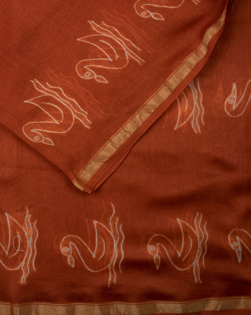 Orange & White Creature Print Hand Block Shibori Chanderi Fabric - Fabriclore.com