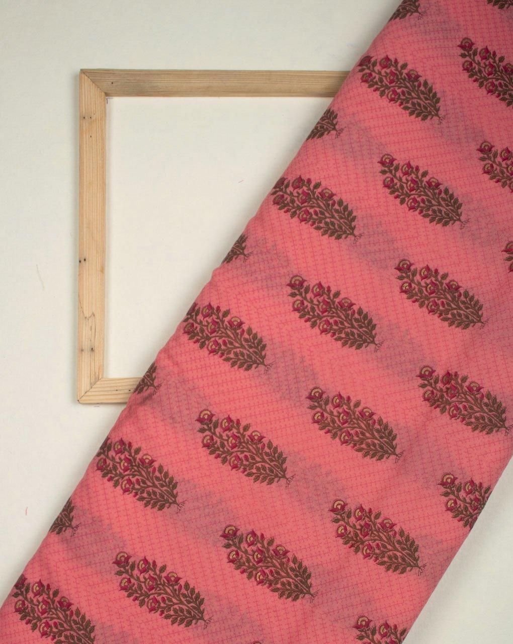 ( Pre-Cut 1.25 MTR ) Pink Green Floral Mughal Pattern Foil Screen Print Zari Border Chanderi Fabric - Fabriclore.com