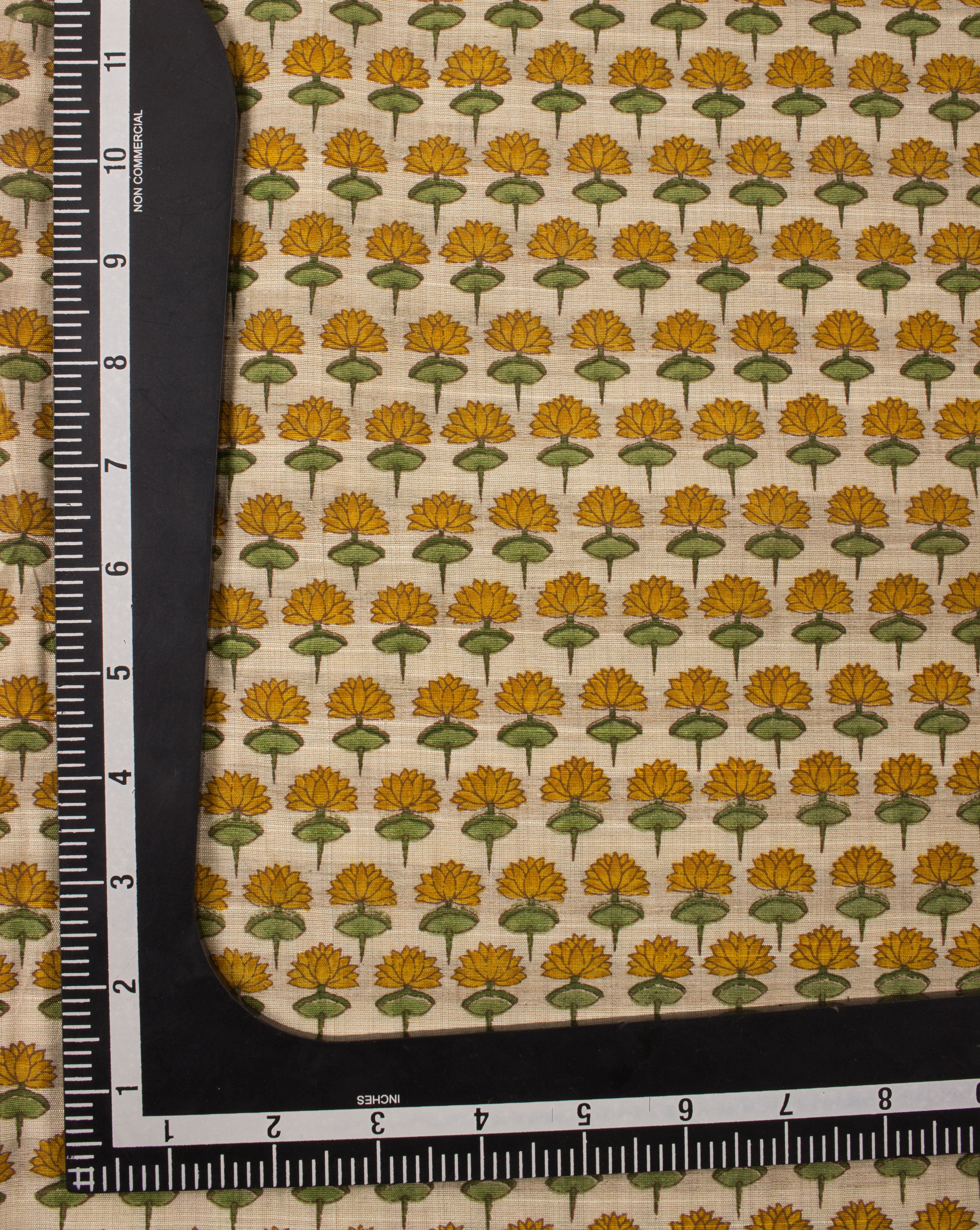 Off-White Yellow Floral Pattern Screen Print Chanderi Fabric ( Width 48 Inch ) - Fabriclore.com