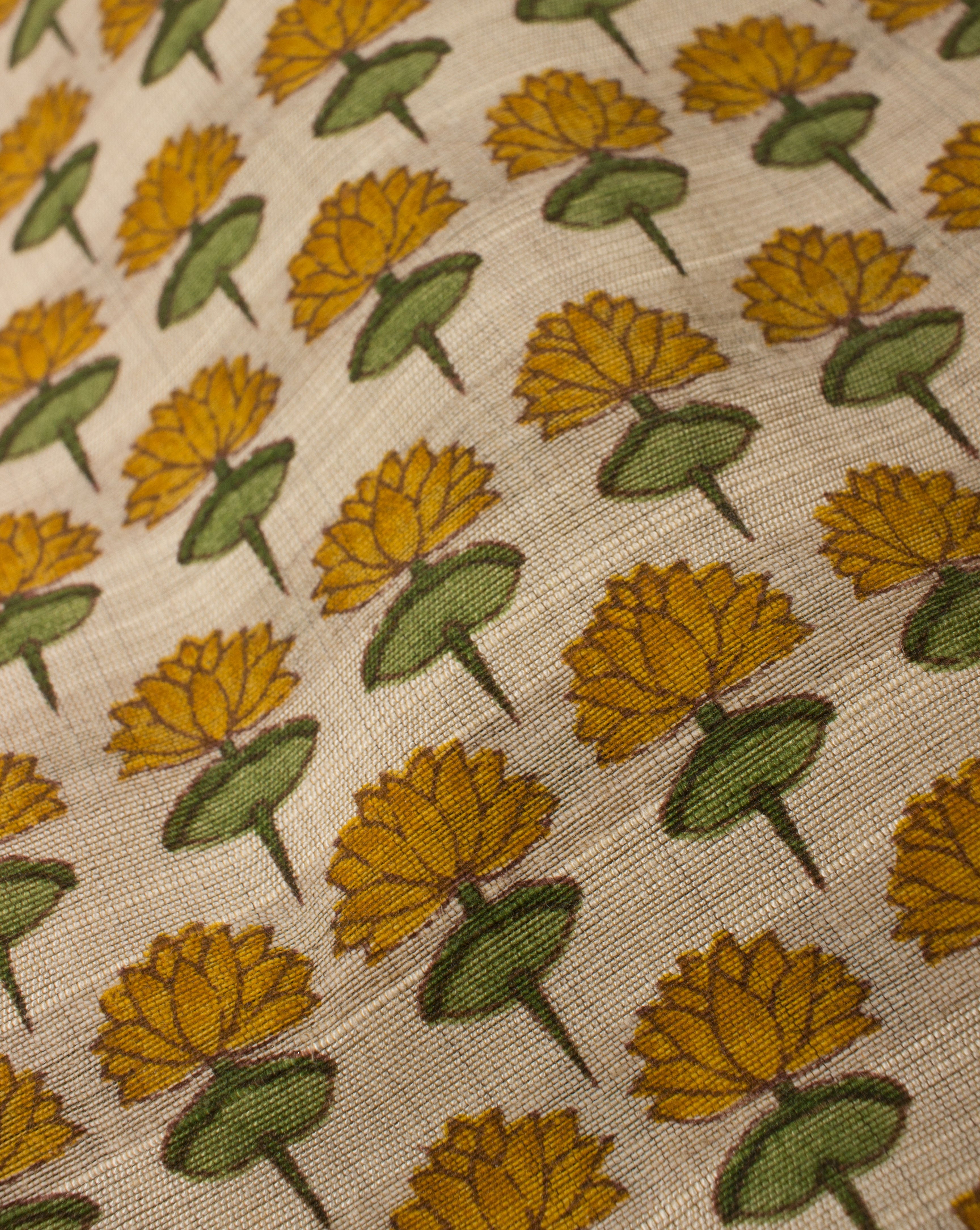 Off-White Yellow Floral Pattern Screen Print Chanderi Fabric ( Width 48 Inch ) - Fabriclore.com