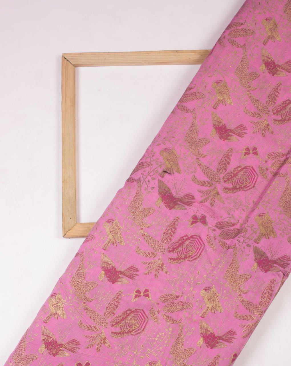 ( Pre-Cut 1.25 MTR ) Pink Gold Floral Pattern Foil Screen Print Chanderi Fabric - Fabriclore.com