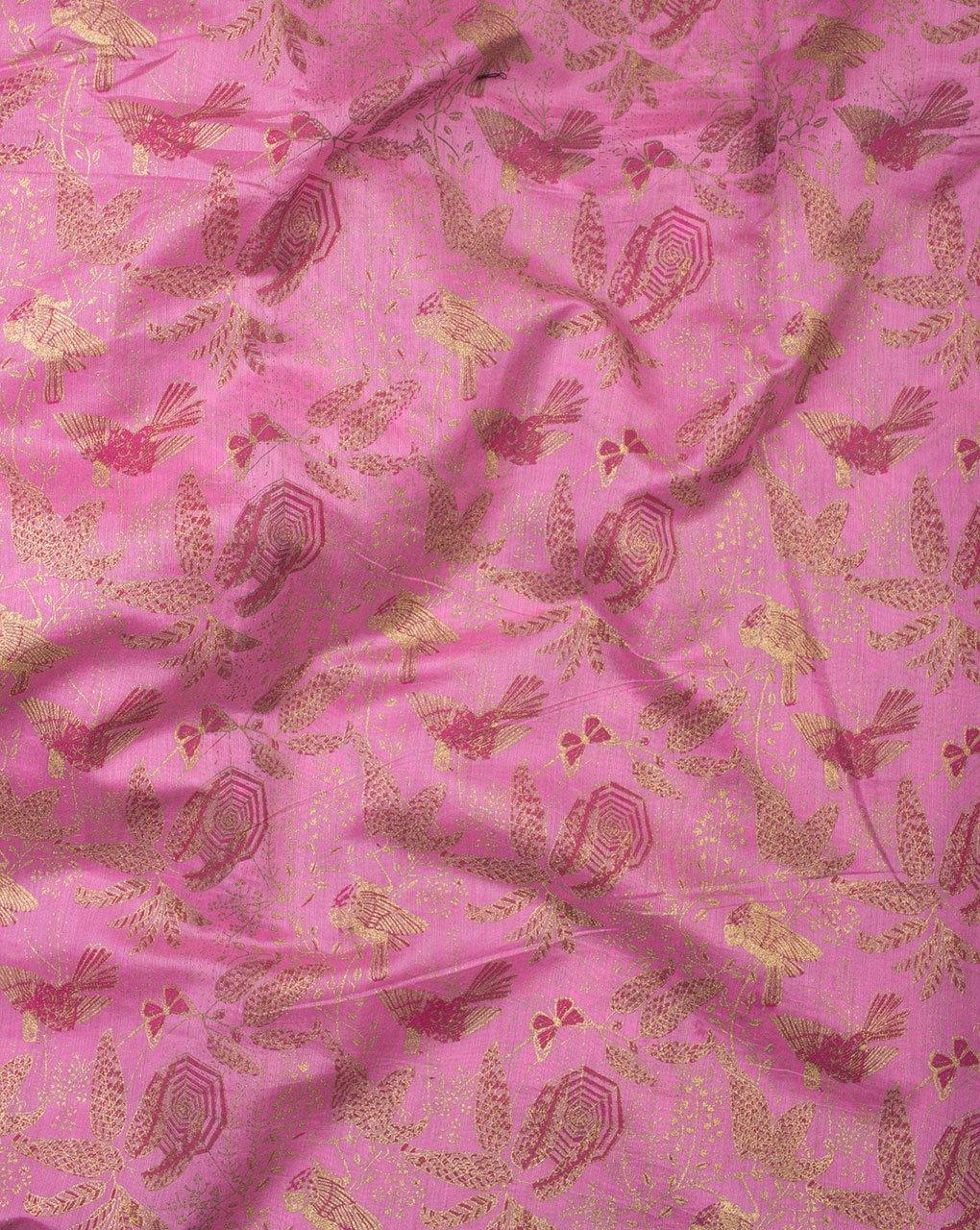 ( Pre-Cut 1.25 MTR ) Pink Gold Floral Pattern Foil Screen Print Chanderi Fabric - Fabriclore.com