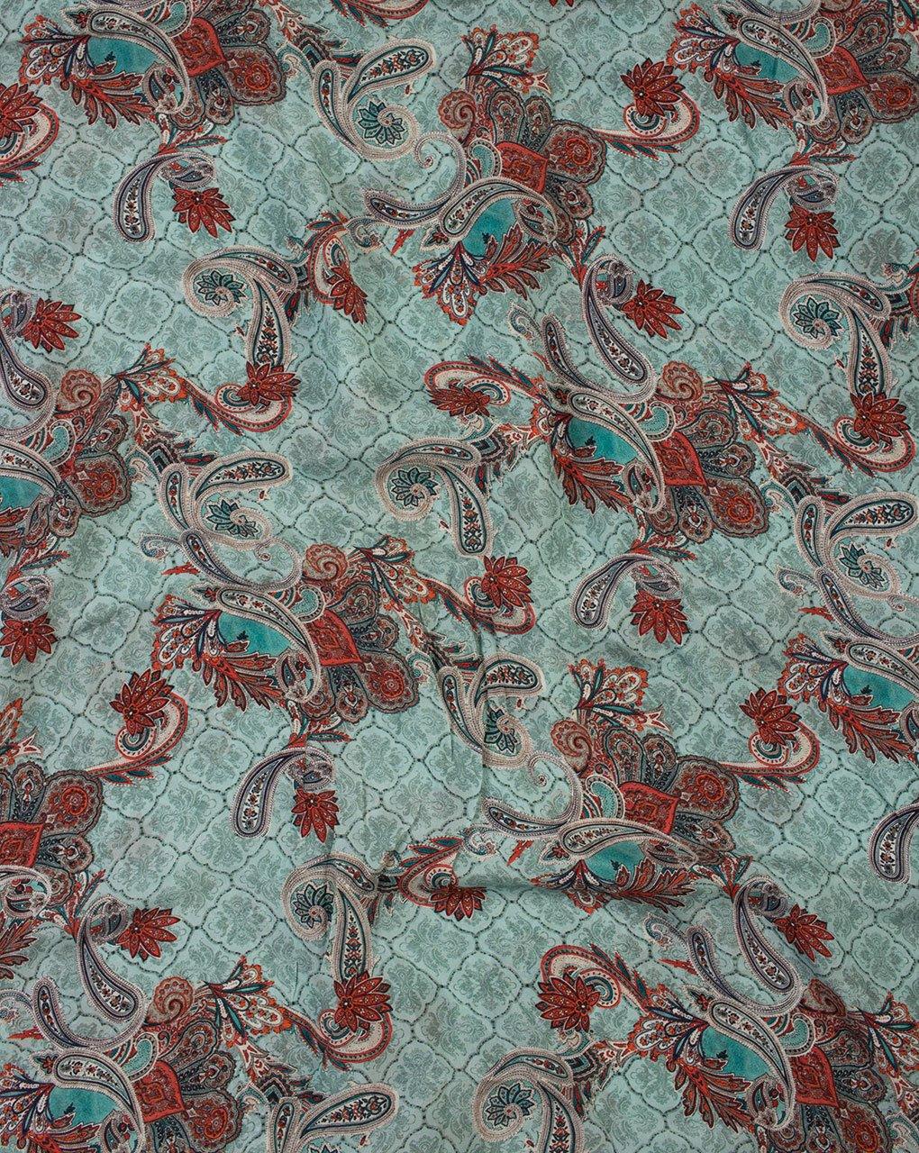 ( Pre-Cut 1 MTR ) Grey Red Paisley Pattern Digital Print Viscose Crepe Fabric - Fabriclore.com