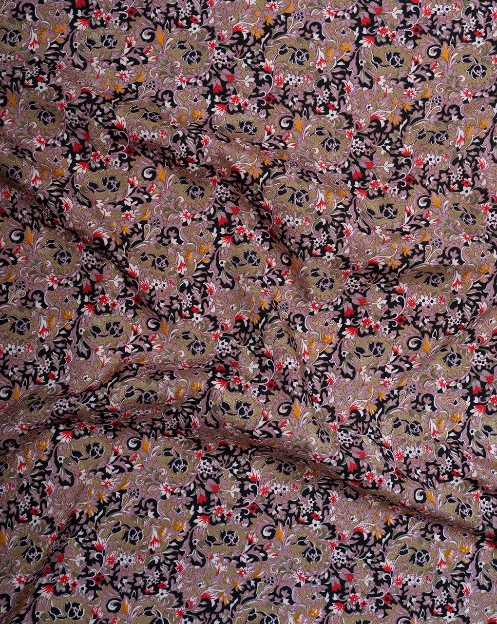 Brown Yellow Floral Screen Print Crepe Fabric - Fabriclore.com
