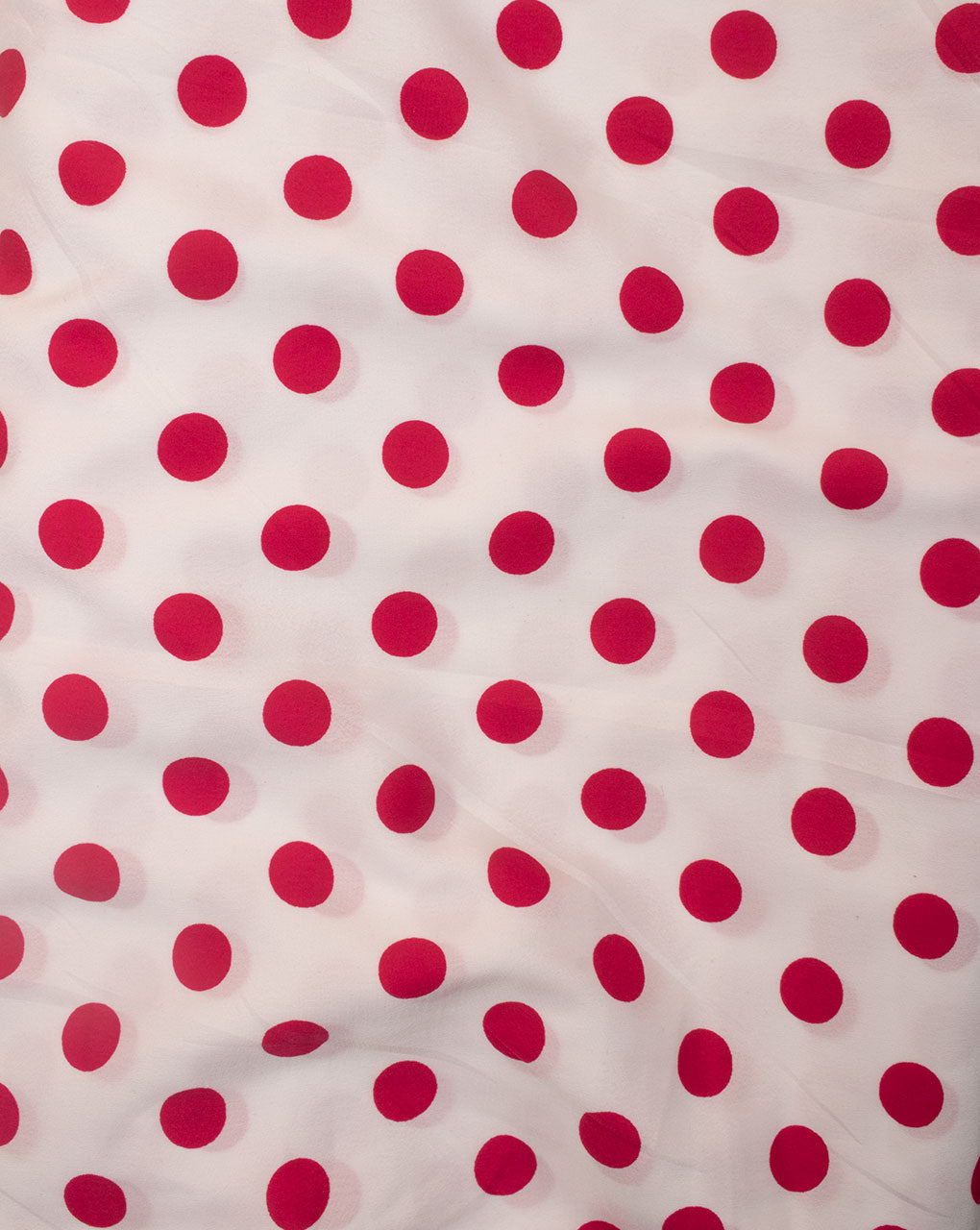 White & Fuchsia Polka Dots Pattern Screen Print Crepe Fabric - Fabriclore.com