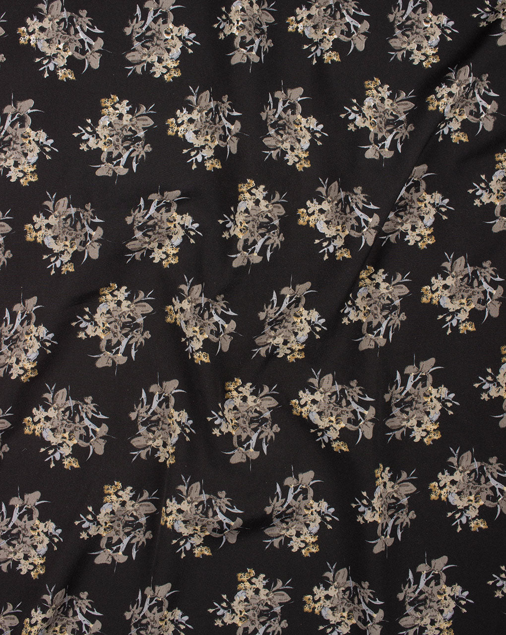 Black Grey Floral Screen Print Crepe Fabric - Fabriclore.com