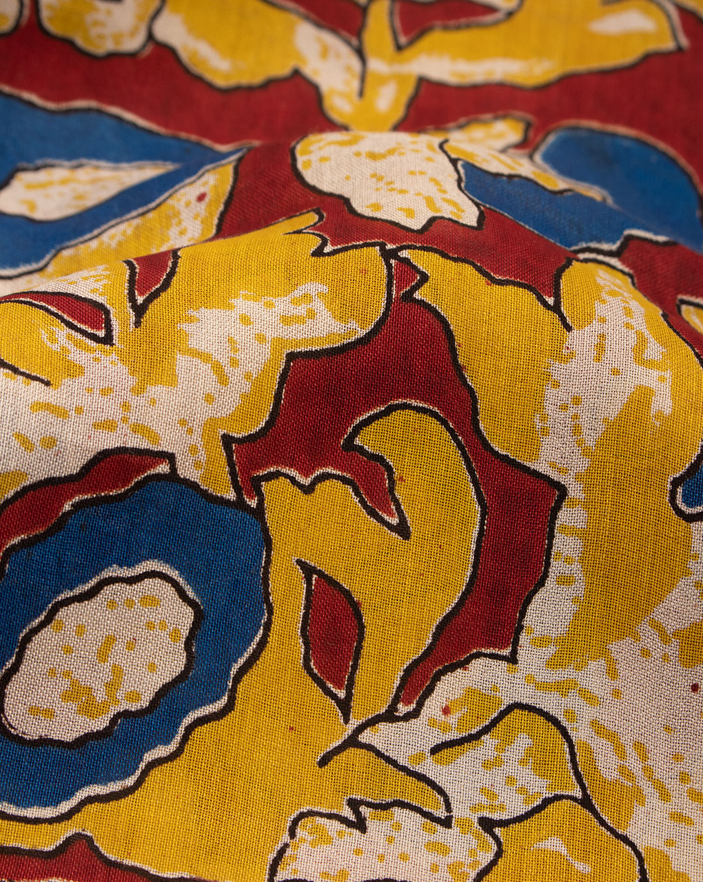 Yellow Red Floral Pattern Screen Print Kalamkari Cotton Silk Fabric - Fabriclore.com