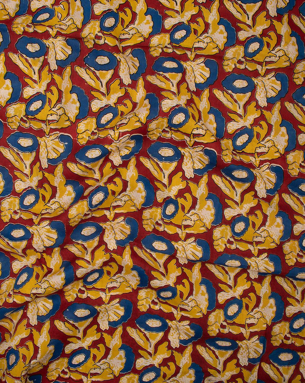 Yellow Red Floral Pattern Screen Print Kalamkari Cotton Silk Fabric - Fabriclore.com