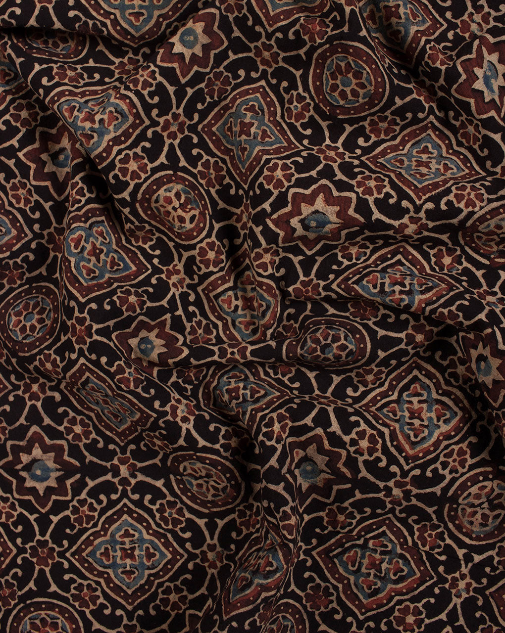 Black Blue Geometric Pattern Jhag Print Ajrak Hand Block Cotton Fabric - Fabriclore.com